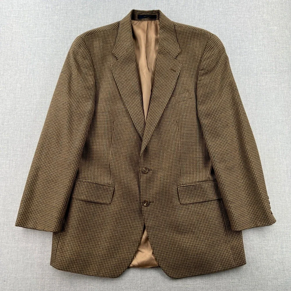 VTG 90s Polo University Club Ralph Lauren Brown Houndstooth Silk Wool Blazer 44R